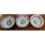 Three Staffordshire pottery wash bowls to include; floral design fountain pattern and Etruscan