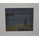 Nicholas Simington DA (Scottish 1930-2020),, figure on a beach at dusk with lighthouse,
