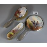 Early 20th Century three piece Royal Worcester and silver vanity set, comprising; hand mirror and