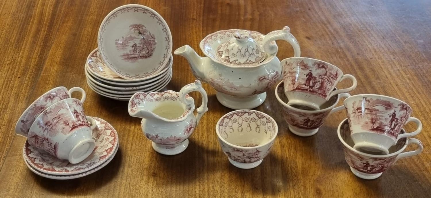 19th Century Swansea pottery 'Amoy pattern' child's teaset transfer printed with figures in a - Image 2 of 2