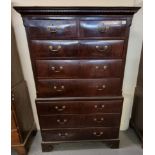 19th Century mahogany two stage chest on chest, the moulded and dental cornice above an