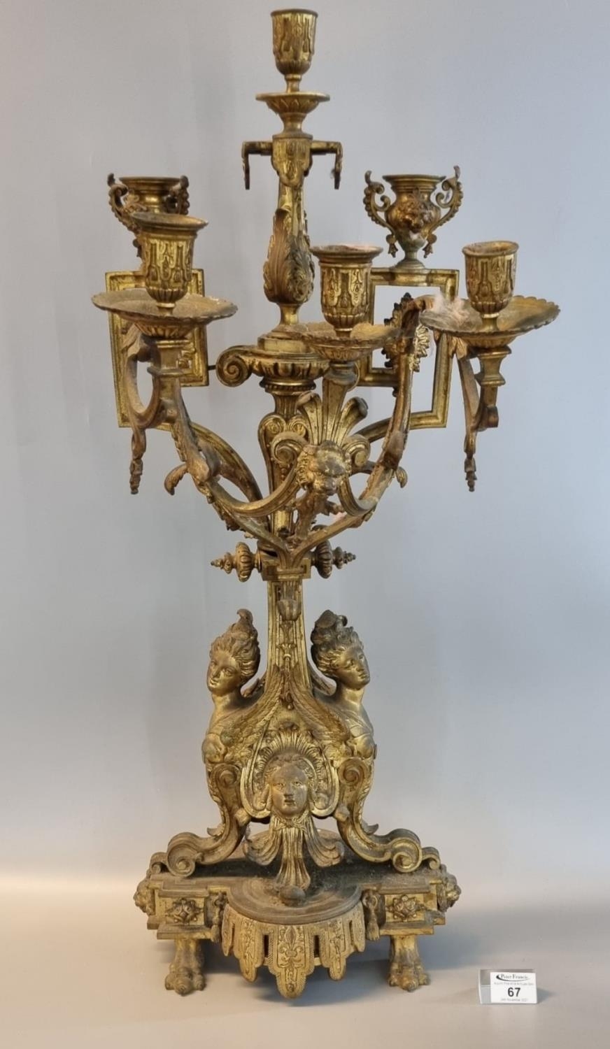 Early 19th Century ormolu bronze Empire design three branch candelabrum, overall of scrolled foliate