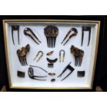 Glazed case containing an assortment of antique tortoiseshell and other hair combs and