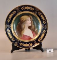 Late 19th/early 20th Century Vienna porcelain dish with painted head and shoulders of a maiden,