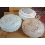 Box containing three vintage coloured and marbled glass fly catcher light shades. (B.P. 21% + VAT)