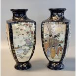Pair of Japanese Satsuma pottery square shouldered baluster vases with reserved scenic and figural