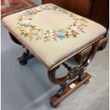 Victorian rosewood upholstered floral tapestry stool having turned stretcher on turned circular