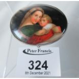 Large oval porcelain brooch hand painted with Madonna and child. Set in silver. (B.P. 21% + VAT)