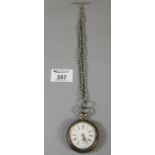 Continental silver open face pocket watch with enamel face and Roman numerals and chased