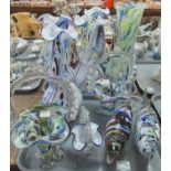 Two trays of polychrome Murano style glassware to include: seven vases, three baskets and two