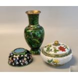 Three items of Oriental cloisonne ware to include green ground baluster shaped vase, black ground