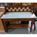 Edwardian mahogany tile backed marble topped washstand with turned legs and under shelf. 108cm