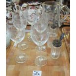 Tray of glassware to include; set of five etched design wine glasses, glass daisy design lemonade