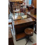 Collection of furnishing items to include; early 20th Century oak lamp table with under drawer,