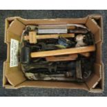 Box of mostly vintage tools to include; spirit level, mallet, various spanners, a distance finder,