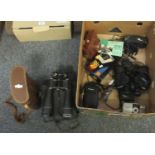 Box of assorted cameras, binoculars and photographic equipment to include; cased set of Boots