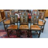 Set of six early 20th Century oak dining chairs with leather padded backs and seats. (2 elbow