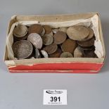 Box of assorted coins to include; silver crowns, silver French francs, tokens, copper coinage,