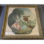 Coloured print, minstrel serenading two women in a garden. 49 x 49cm approx. Gilded glazed frame. (