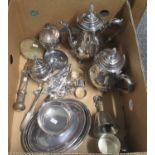 Box of metalware to include; Viners Sheffield silver plated four piece coffee and teaset, goblet,