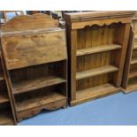A stained pine upright writing bureau with shelves below. 63cm wide approx. Together with a set of