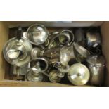 Box of assorted metalware, mostly silver plate to include; candelabrum, teapot, coffee pot, pepper