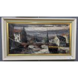 British school (mid 20th Century), town scene with river bridge, unsigned, oils on canvas. 31 x 61cm