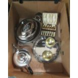 Box of metalware to include; Viking plate grape design three piece teaset, plated oval metal serving