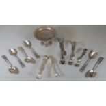 Bag of silver and silver plate to include; set of six 19th Century spoons, silver pierced shell