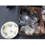 Box of mostly metalware to include; a studio design Poole hand painted spongeware centre bowl with