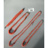 Three coral necklaces and a bracelet. (B.P. 21% + VAT)