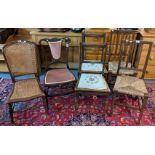Group of assorted occasional chairs to include; pair of stick back rush seated side chairs, a pair