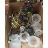 Box of light fittings and shades to include; two wooden and metal ceiling light fittings, two