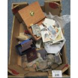 Box of oddments to include; various loose cigarette cards, copper and other coinage, John Player &