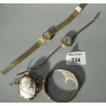9ct gold wristwatch with 9ct strap. Approx weight 14.4 gram Cameo brooch, bangle etc. (B.P. 21% +