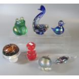 Collection of 'Glasform' and other iridescent and coloured glass items/paperweights to include frog,