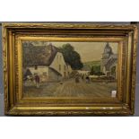 Continental school (early 20th Century), a Dutch or Belgian street scene with figures, oils on