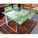 Contemporary glass top metal framed table, together with four plywood multi-coloured striped