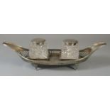 Early 20th Century silver boat shaped two section desk inkwell set by George Nathan & Ridley