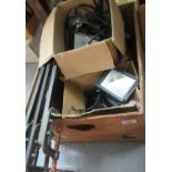 Box of assorted items to include: three rectangular work lights lights and vintage clamps on long