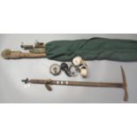 Collection of vintage split cane and other fishing rods, together with a vintage ice pick or