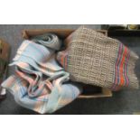 Box of textiles to include; a woven striped runner and a woollen check blanket or carthen. (2) (B.P.