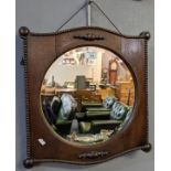 Early 20th Century oak framed bevel plate circular mirror with moulded and beaded decoration. (B.