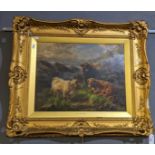 C.E Watson, Highland cattle in a landscape, oils on canvas, 40 x 48cm approx. Gesso foliate