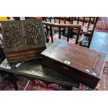Eastern deeply carved foliate decorated slope fronted desk top stationery cabinet, together with