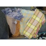 Three vintage woollen blankets; two check design, one orange and purple striped. (3) (B.P. 21% +