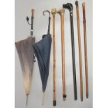 Collection of vintage walking sticks, two with dog terminals, one with a mask head, etc. Together