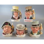 Five Royal Doulton character jugs to include Beam Whiskey, Pickwick Whiskey deluxe, and Dewar's. (5)