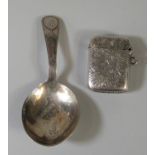 Small silver chased vesta case with Birmingham hallmarks and initials R.P, together with an 18th