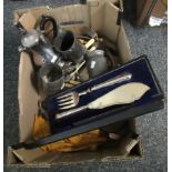 Box of metalware to include; pewter tankards; two marked Yates & Birch, plated small coffee pot,